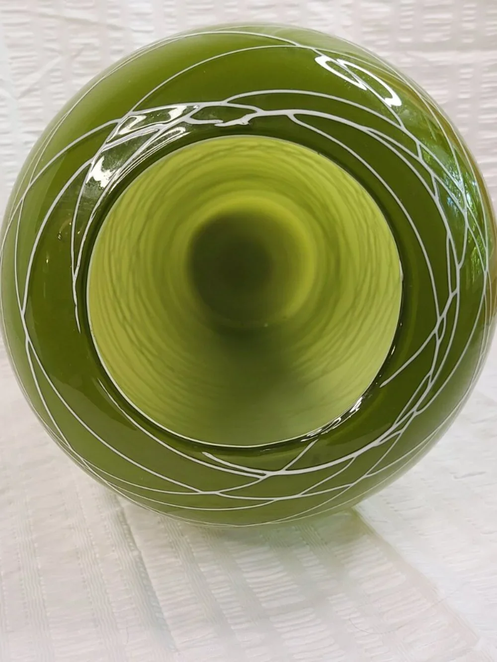 Hand Blown Cased Green White Swirl Art Glass Large Vase 13”